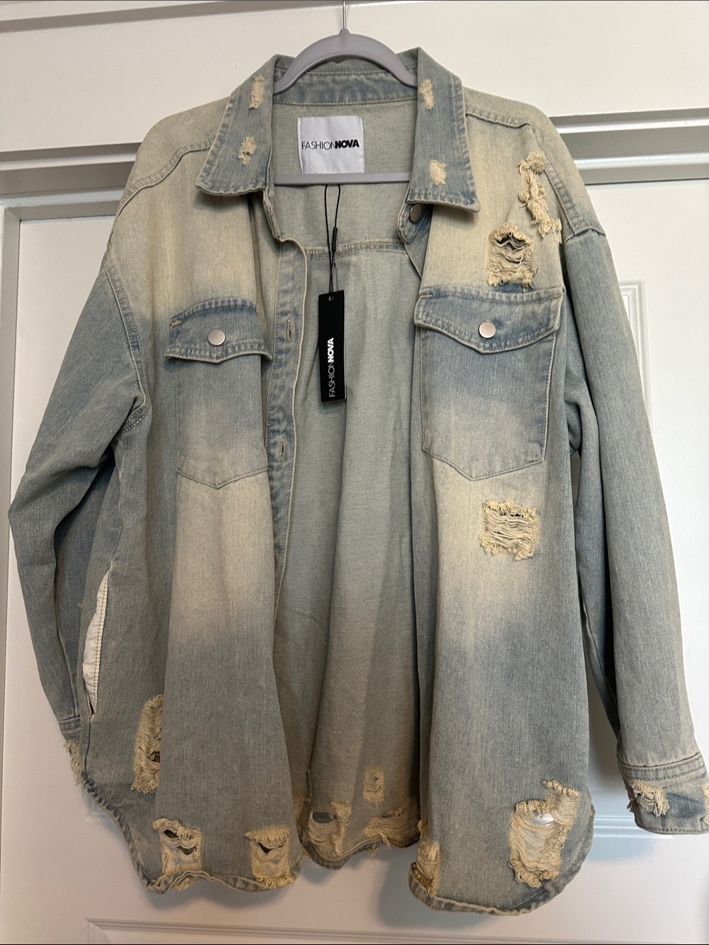 Fashion Nova Light Blue Distressed Denim Jacket